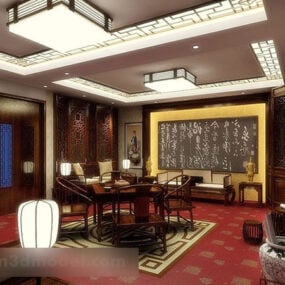 חדר תה סיני ריהוט עץ פנים דגם תלת מימד
