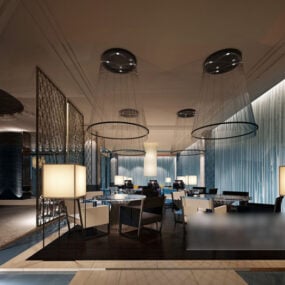 Modelo 3D do interior do restaurante com decoração contemporânea