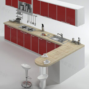 Kjøkken Rød Maling Skap Interiør 3d modell