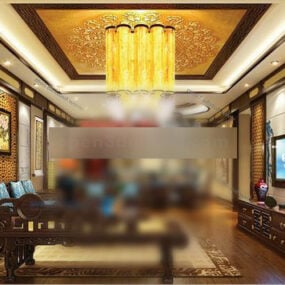 Modelo 3D do interior da sala de estar em estilo real asiático