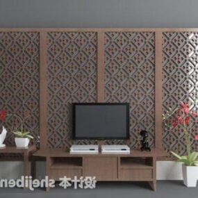קיר טלוויזיה סיני בסגנון עץ דגם תלת מימד