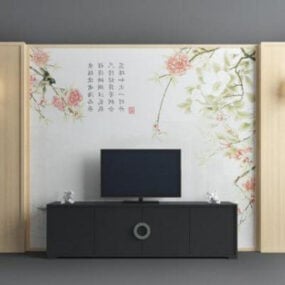 Mô hình nội thất tường tivi phong cách Trung Quốc mới 3d