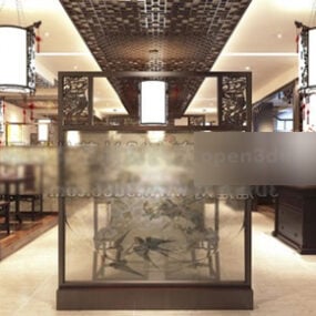 Modelo 3D do interior do restaurante com partição chinesa