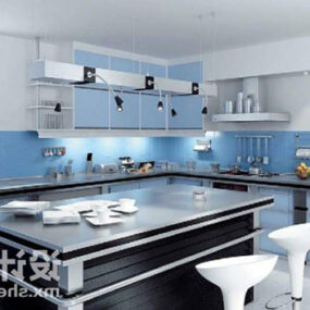 Τρισδιάστατο εσωτερικό σχέδιο κουζίνας μπλε τόνου