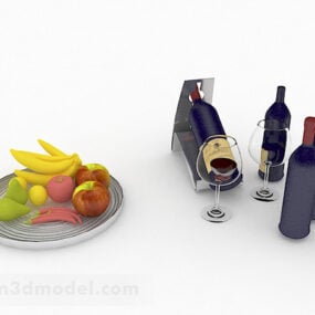 Синя пляшка червоного вина з їжею 3d модель
