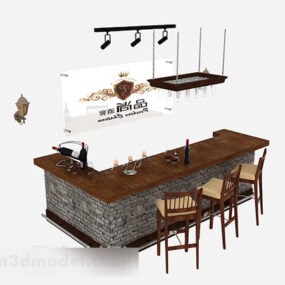 Bancone bar da cucina con sgabelli, set di cibo e bottiglia di vino modello 3d