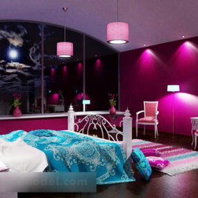 نموذج داخلي لأثاث غرف النوم باللون الوردي الحديث ثلاثي الأبعاد