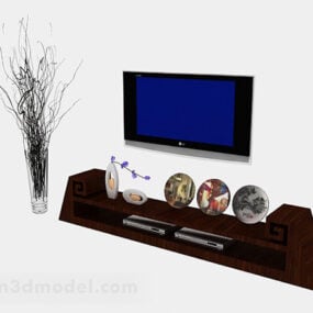 کابینت تلویزیون چوبی قهوه ای با دکوراسیون مدل سه بعدی