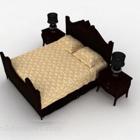 Home Dark Wooden Double Bed 3d model
