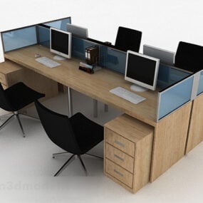 שולחן עבודה חום משרדי מעץ עם כיסא דגם תלת מימד
