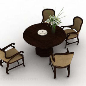 गोल लकड़ी की डाइनिंग टेबल कुर्सी 3डी मॉडल