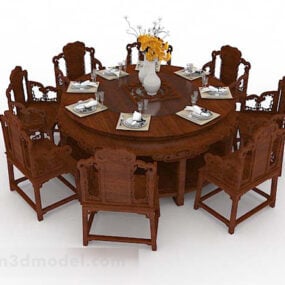 Chinese Wooden Dining Table Chair Set 3d model
