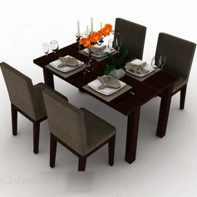 Dining Table Chair Set Brown Wooden 3d model