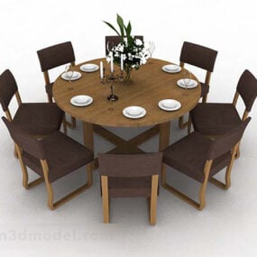 भूरे रंग की लकड़ी की डाइनिंग टेबल चेयर सेट 3डी मॉडल