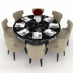 Mesa de comedor redonda de mármol y silla modelo 3d