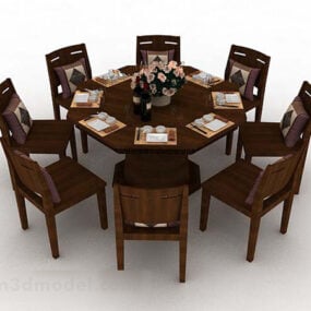 שולחן אוכל וכיסא בסגנון עץ דגם תלת מימד