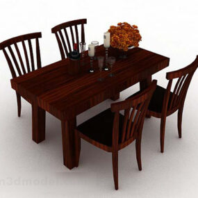 Brown Wood Dining Table Chair Set 3d model