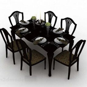 목재 식탁과 의자 6개 3d 모델