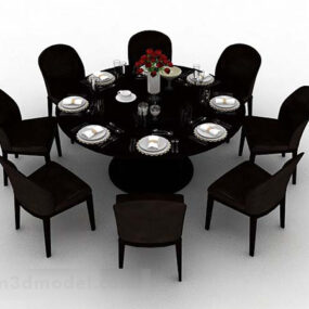 Dark Brown Round Dining Table And Chair 3d model