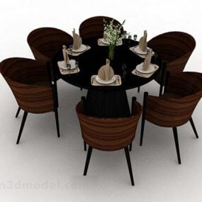 Brown Wooden Dining Table And Chair V2 3d model