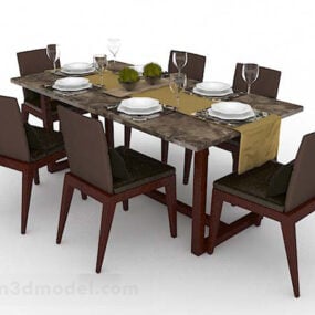 โต๊ะรับประทานอาหารและเก้าอี้เรียบง่ายสีน้ำตาลแบบ 3 มิติ