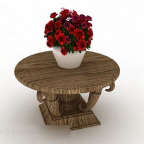 Brown Wooden Table Flower Potted 3d model