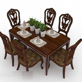 भूरे रंग की लकड़ी की डाइनिंग टेबल और कुर्सी V6 3डी मॉडल