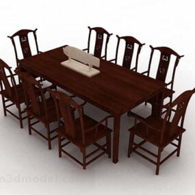 Chinese Wooden Brown Dining Table Chair 3d model