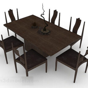 Dark Brown Wooden Dining Table Chair V1 3d model