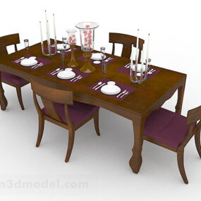 เก้าอี้โต๊ะรับประทานอาหารไม้สีน้ำตาลโบราณแบบ 3 มิติ