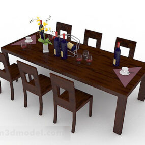 Dark Brown Wooden Dining Table Chair V2 3d model