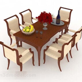 木製アンティークダイニングテーブルと椅子3Dモデル