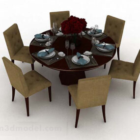 Brown Wooden Dining Table Chair Set V1 3d model