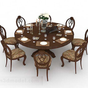 Round Wooden Dining Table Chair Set 3d model