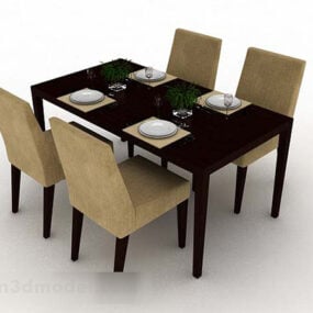 ชุดโต๊ะเก้าอี้รับประทานอาหารสไตล์มินิมอลสีน้ำตาลแบบ 3 มิติ