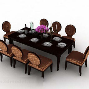 Brown Wooden Dining Table Chair Set V2 3d model