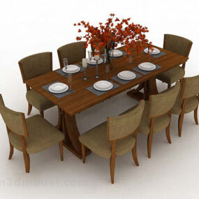 Brown Wooden Dining Table Chair Set V5 3d model