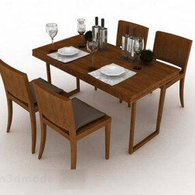 Brown Wood Simple Dining Table Chair Set 3d model