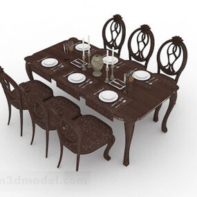 Mesa de jantar de madeira com 6 cadeiras modelo 3d