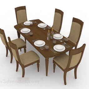 Brown Wooden Dining Table And Chair Design V1 3d model