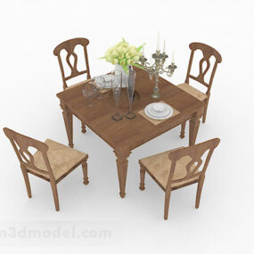 Rural Wooden Brown Dining Table And Chair 3d model