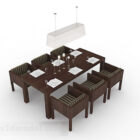 Tmavě hnědý dřevěný jídelní stůl a židle