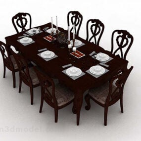 Meja Makan dan Kerusi V1 Model 3d Kayu Coklat Gaya Cina Baharu