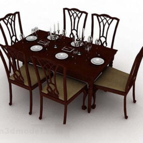 Simple Wooden Brown Dining Table And Chair 3d model