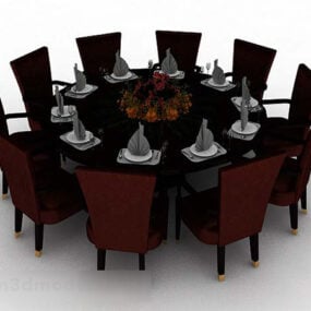 שולחן אוכל וכיסא עגול בצבע חום כהה V1 דגם תלת מימד