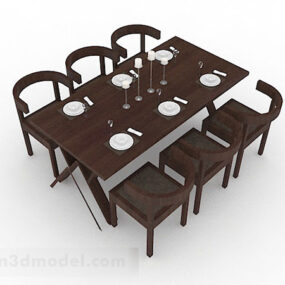 طاولة طعام خشبية بنية وكرسي مجموعة V1 نموذج ثلاثي الأبعاد