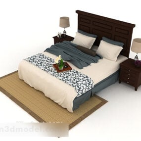 Modelo 3d de cama de casal branca azul de madeira para casa