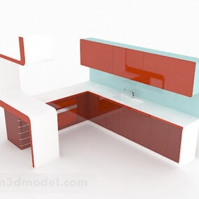 L Shaped Red White Kitchen Cabinet 3d model