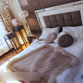 3д модель интерьера гостиничного номера с двуспальной кроватью