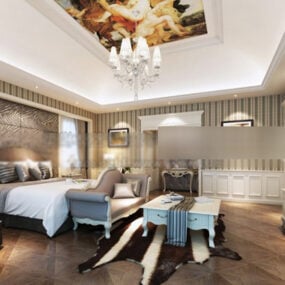 3д модель интерьера спальни с росписью потолка